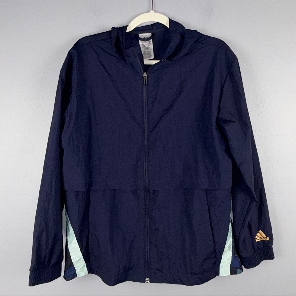 Adidas Windbreaker Women’s Large Blue Cinchable Running Hooded Lightweight